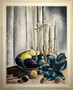 Still life painting of fruit and candles on a table.