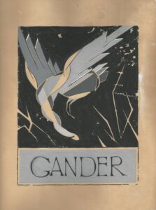 Illustration of a stylized gander in flight with the word "GANDER" across the bottom