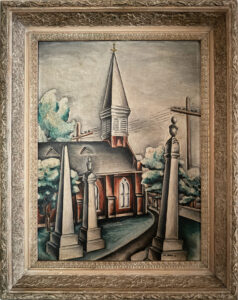 Oil panting of a small, red, church.