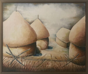 Oil painting of golden hay stacks behind a wooden fence and blowing long grass.