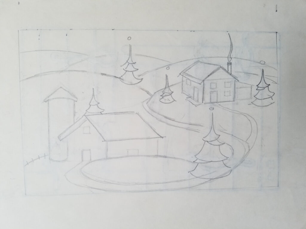 Drawings 35 Sketch of a barn, silo, and farmhouse on a winding road lined with evergreen trees