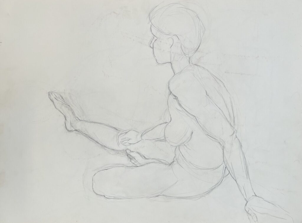 Light sketch of nude woman, seated, from the side
