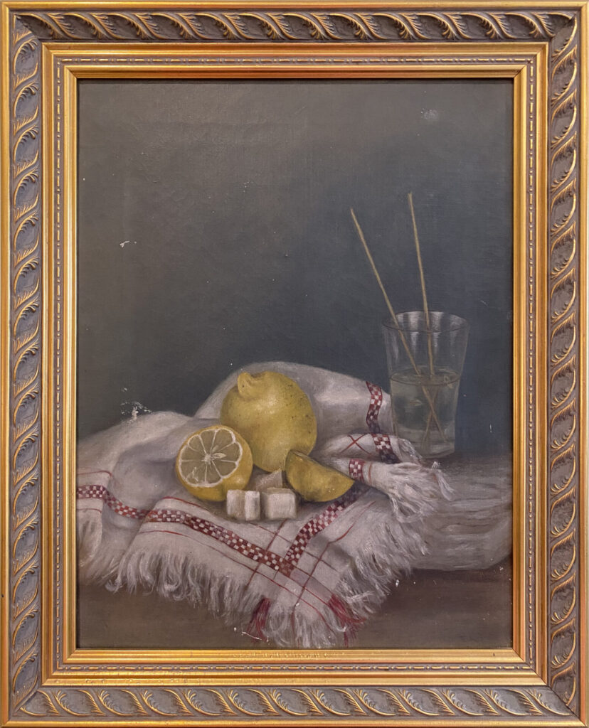 Influences 4 Still life painting of cut lemons, sugar cubes, and a glass