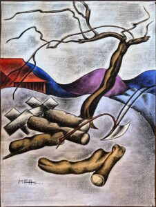A dreamlike, skewed, painting of a bare tree against multicolored low hills. In the foregtound are several log and a hoe.