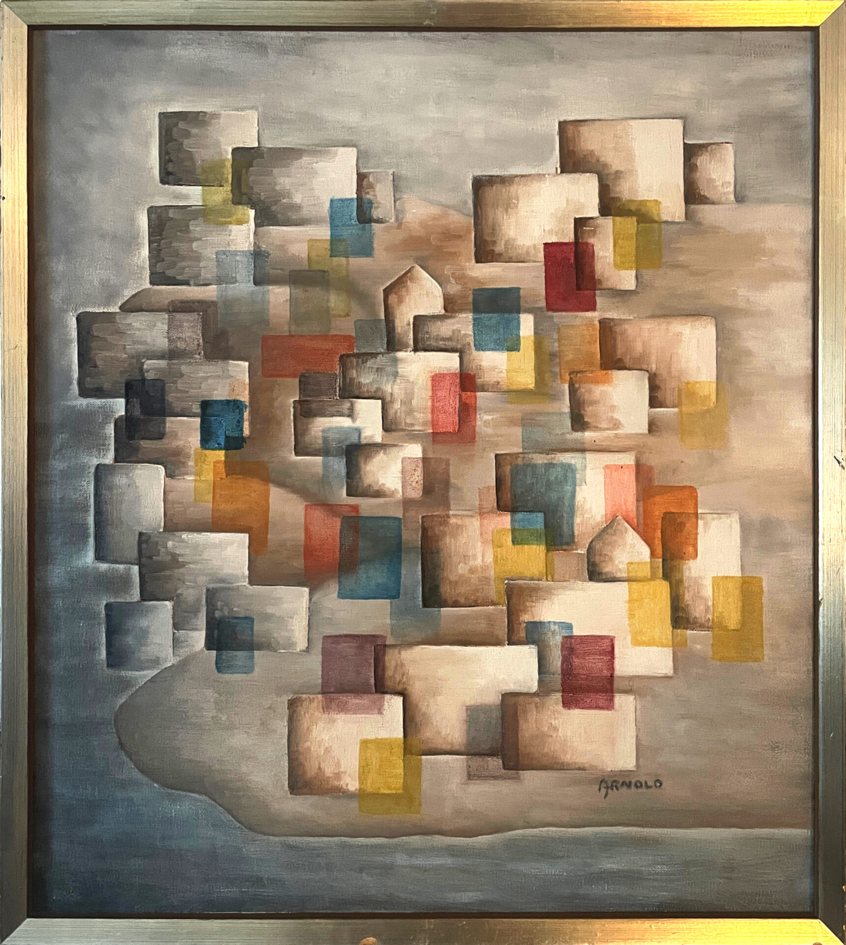 Abstract oil painting aerial view of Mikonos wiht the buildings represented by overlapping transluscent squares.