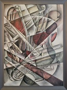 Painting of various orchestra instruments in a crazy collage of shapes and angles.