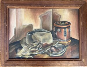 Still life painting of had, gloves, pipe, and a can