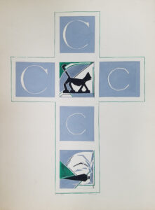 Stylized carrot and cat surrounded by four different renderings of the letter C