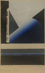 Abstract painging of black and blue geometric shapes with the text "Powder Box" written below.