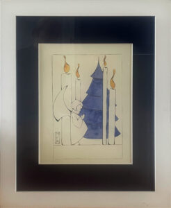 Watercolor and ink picture of an angel praying, surrounded by large candles and an evergreen tree