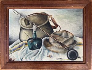 Oil painting still live of a fly rid, candle, hat, and tackle