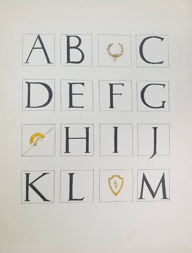 Hand lettered capital letters A through M