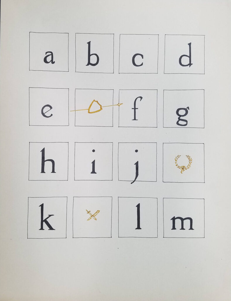 Hand lettered lowercase letters a through m