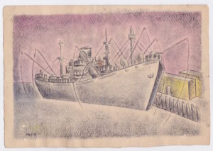 Drawing of a Navy ship at dock