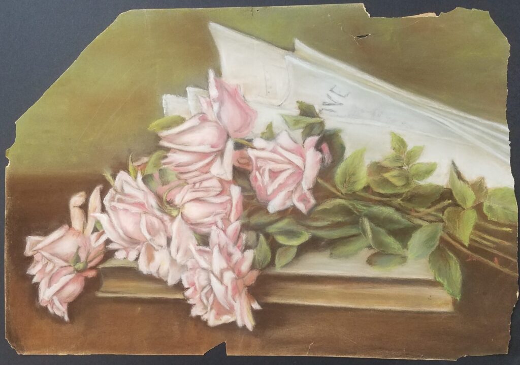 Influences 1 Still life painting of pink flowers lying on a table
