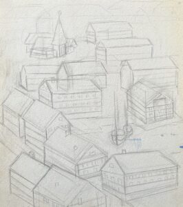 Structures 1 Sketch from above of a inlet surrounded by buildnigs with a single church in the distance