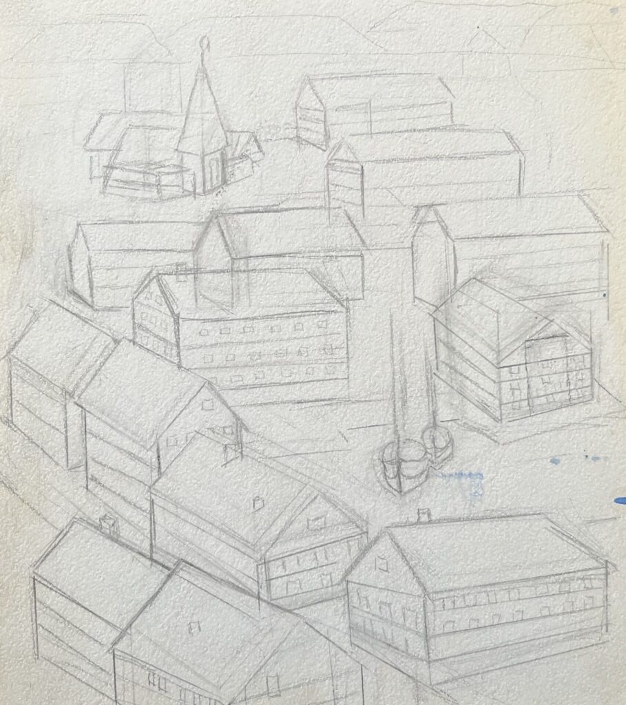 Drawings 36 Sketch from above of a inlet surrounded by buildnigs with a single church in the distance
