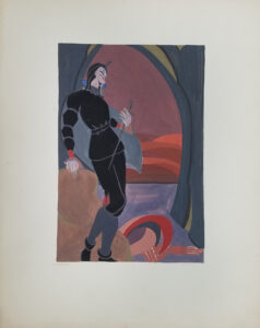 Stylized painting of a mand standing holding a fencing sword pointed down