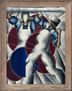 Oil painting in a wood frame of two industrial workers. One faces us an has both hand upraised out of frame. The othe stands in left profilce, left arm pulled back and holding a cable of bar of some kind. Anglular lines and blued and maroon circles fill the background and appear between the two figures.