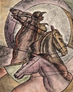 Three horses prance against an abstract background of shapes
