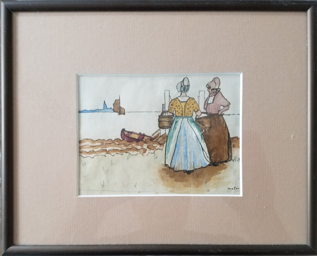 Watercolor painting of two women looking out to sea