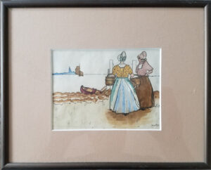 Watercolor painting of two women looking out to sea