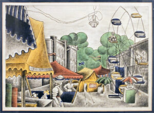 Painting of a fair. Vendor tents line the left of a street receding into the distand trees. Electric lights are strun above the street and you can see a farris wheel on the right.