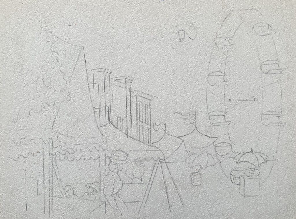 Drawings 33 Sketch of a street carnival scene.