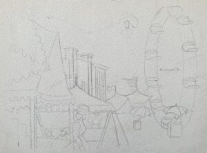 Sketch of a street carnibal scene.