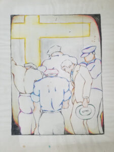 Five workers with heads bowed in front of a cross