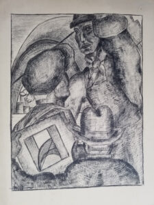 Dry brush picture of two workers and a boss