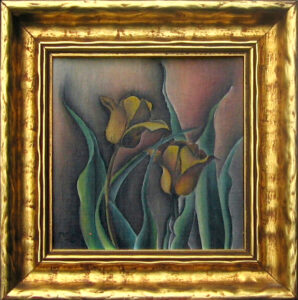Stylized painting of two irises.