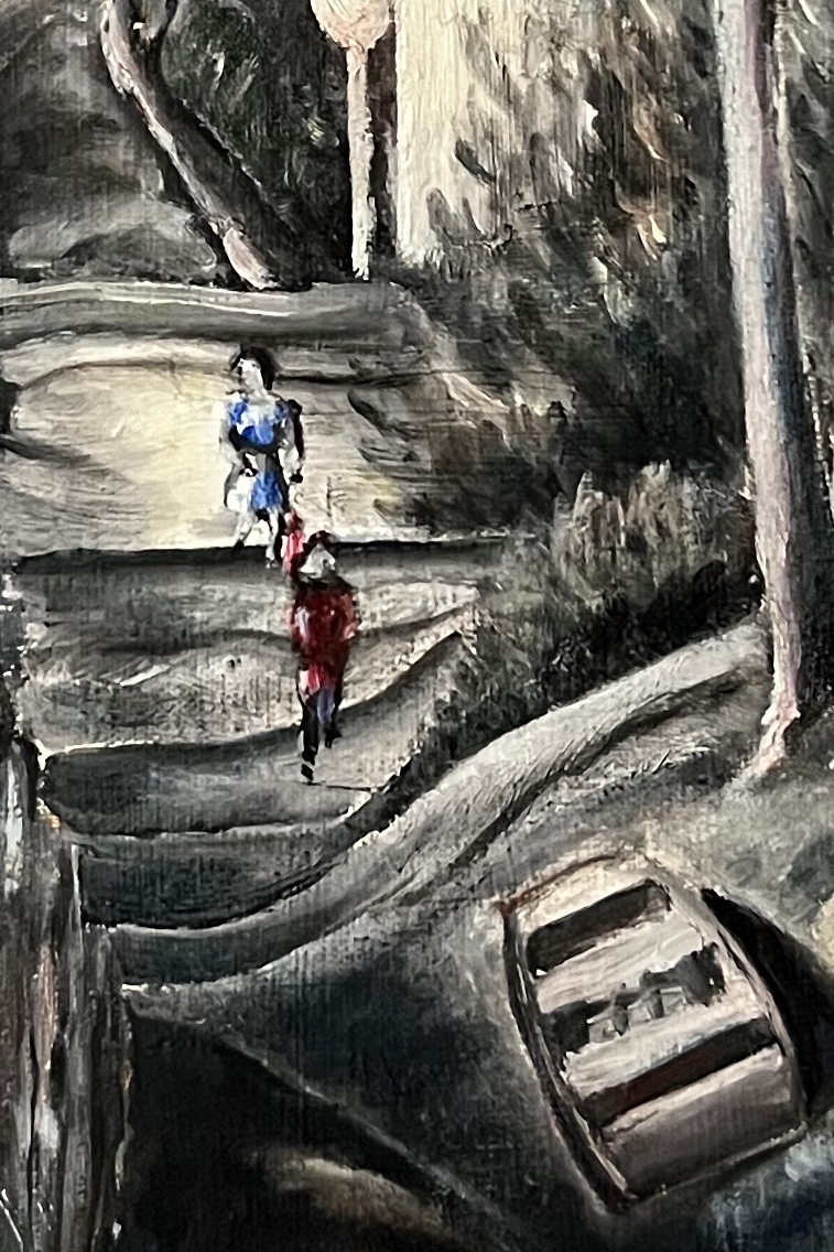 Missouri River Town 2 Detail of oil painting showing two children running down a path to a small wooden flat-bottom boat on a river.