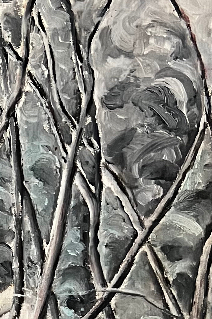 Missouri River Town 1 Detail of an oil painting showing bare tree branches and swirling greens.