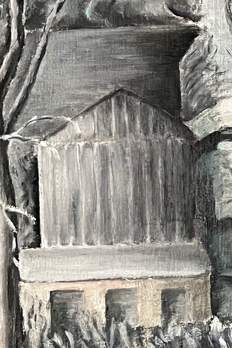 Missouri River Town 3 Detail of an oil painting showing the side of a barn.