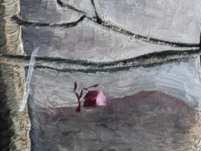 Detail of an oilt panting showing the lone splash of color: a very tiny red house and tree on a hill.