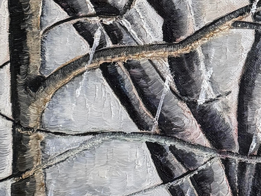 Detail of an oil painting of bare trees in winter.